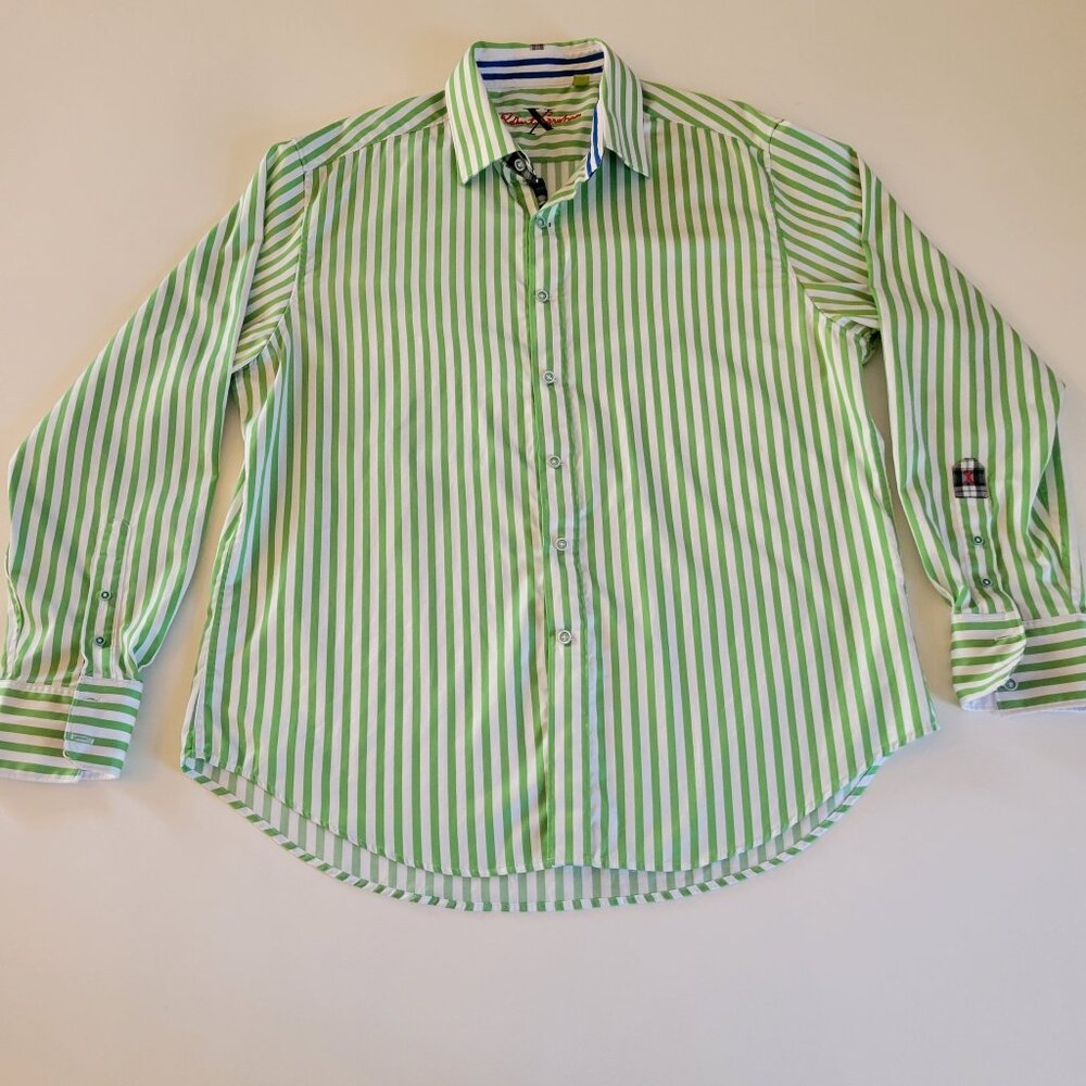 Robert Graham X Shirt Mens 2XL Green Striped Flip Cuff Button Up Cotton